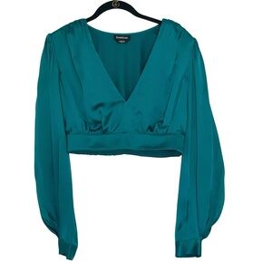 Bebe Satin Plunge V Neck Long Sleeve Teal Blouse with Shoulder Pads Medium